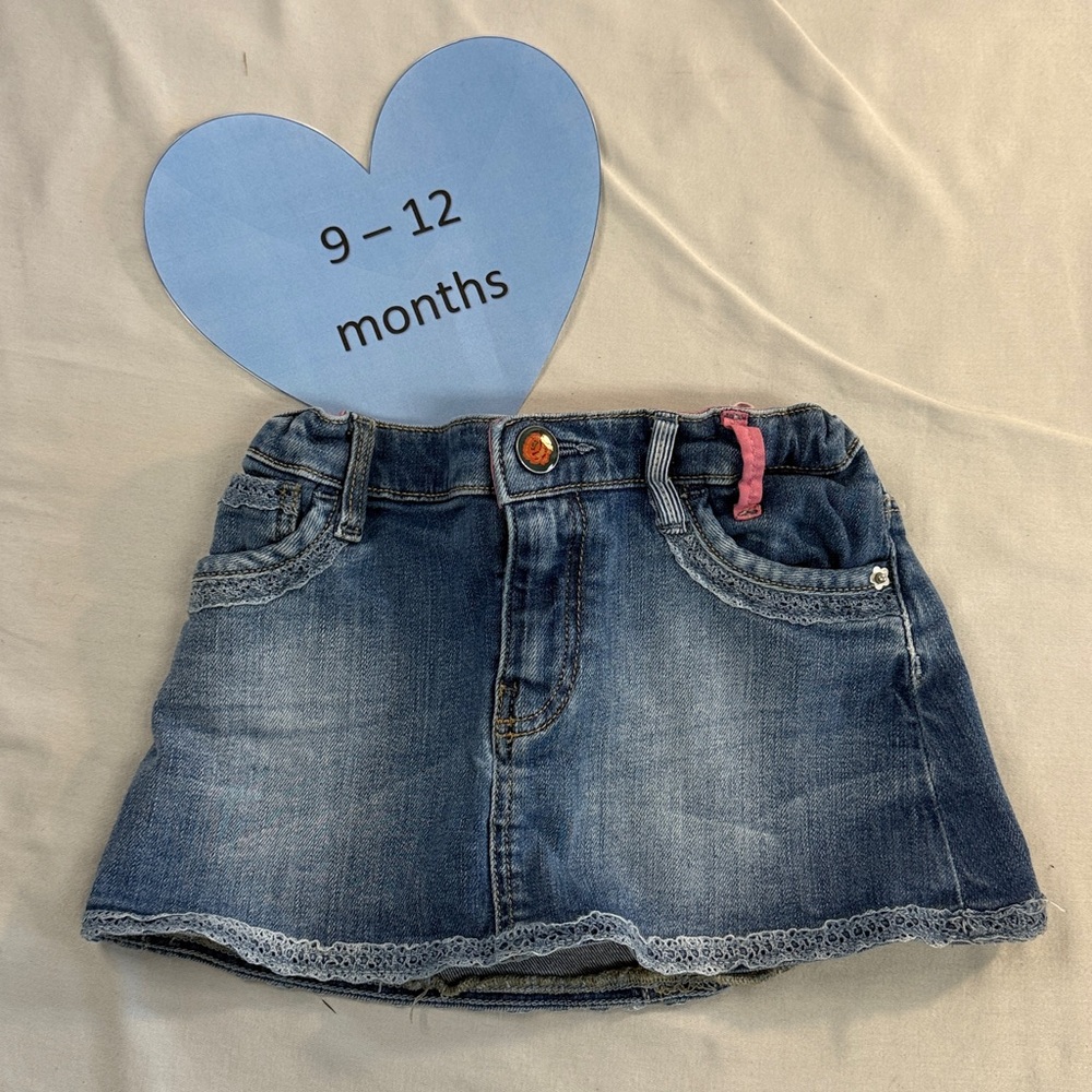 H&M Blue Denim Skirt with Distressed Finish and lace trim